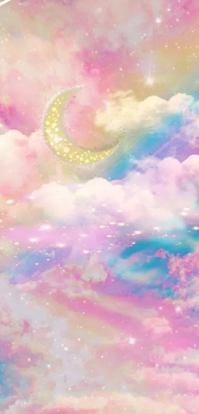 Dreamy pastel clouds with crescent moon wallpaper.