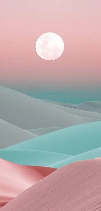 Dreamy pastel desert with a full moon and soft-colored dunes.