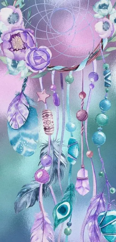 Pastel dreamcatcher with feathers and florals in teal and purple hues.