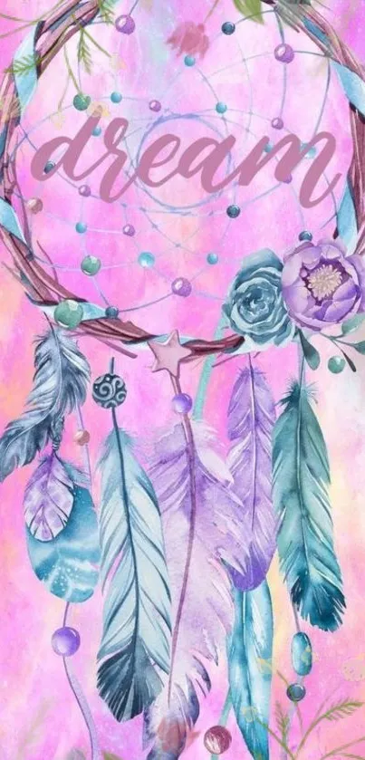 Pastel dreamcatcher with feathers and floral accents in vibrant colors.