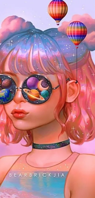 Whimsical pastel character art with cosmic sunglasses and vibrant balloons.