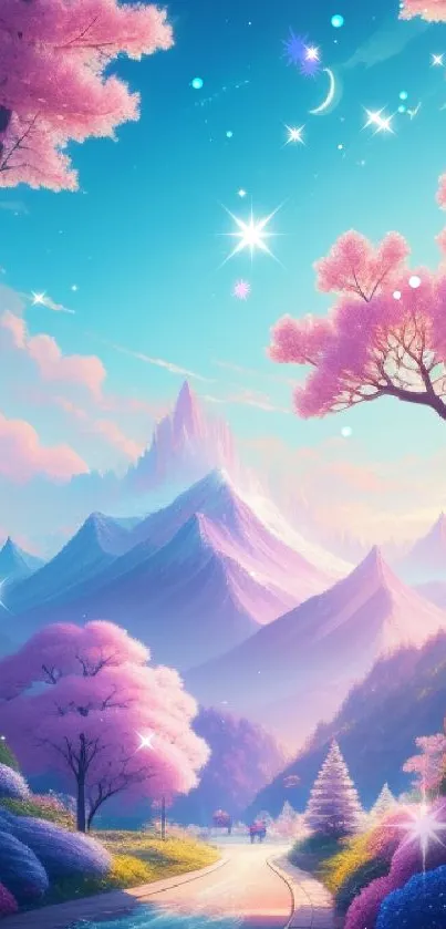 Serene pastel fantasy landscape with mountains and blossoms under a crescent moon.