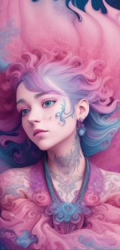 Dreamy pastel fantasy portrait in pink and blue hues for mobile wallpaper.