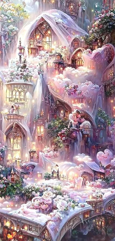 Dreamy pastel fantasy village with luminous lanterns and lush floral decor.