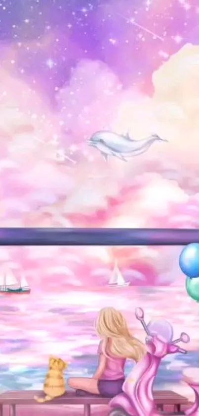 Dreamy pastel fantasy wallpaper with girl, cat, and dolphin.