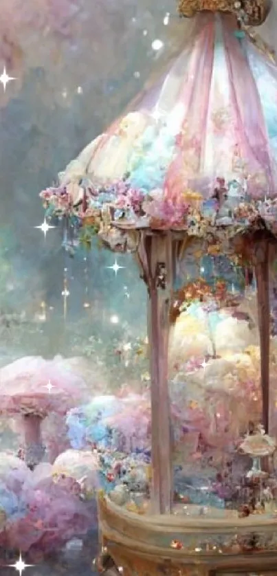 Whimsical pastel fantasy wallpaper with carousel and mushrooms.