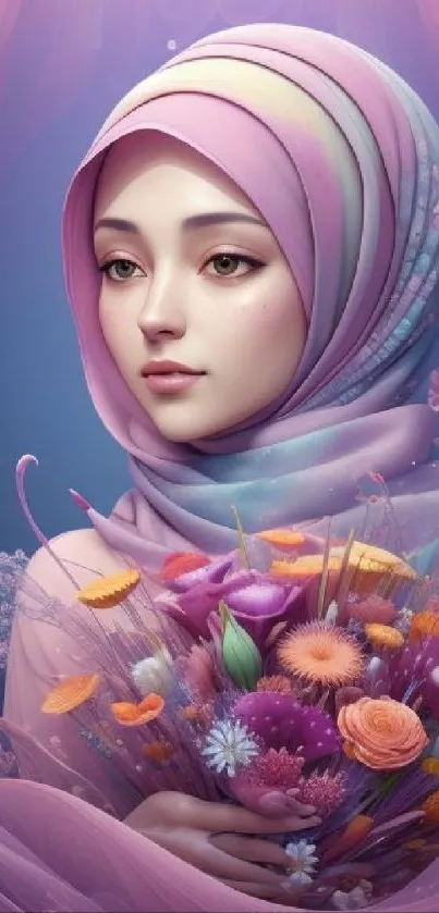 Pastel-hued portrait with flowers in vibrant colors.