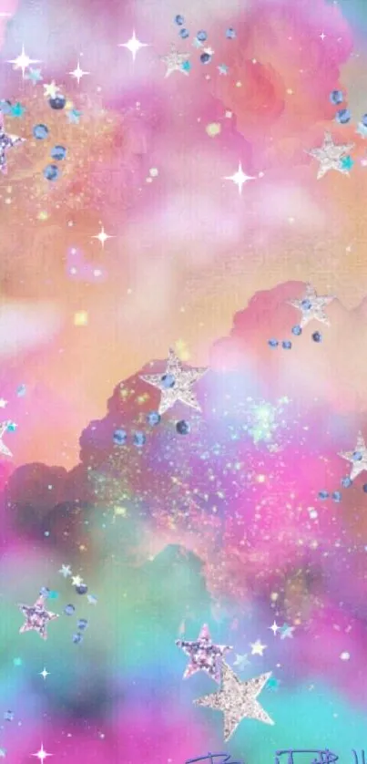 Dreamy pastel galaxy wallpaper with stars and vibrant clouds.