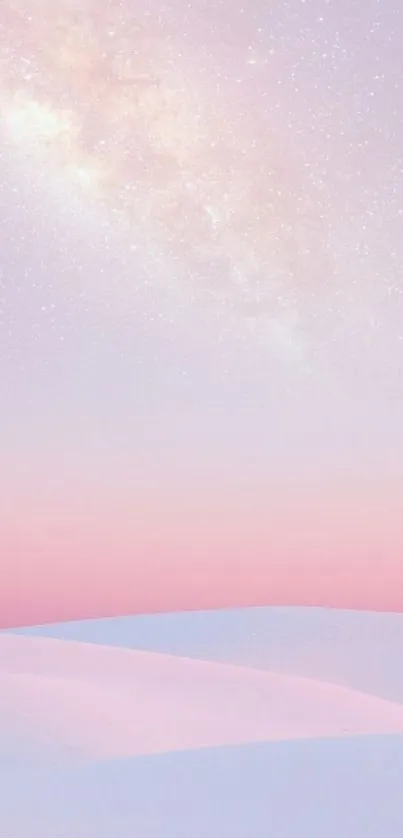 Dreamy pastel galaxy wallpaper with pink skies and stars.