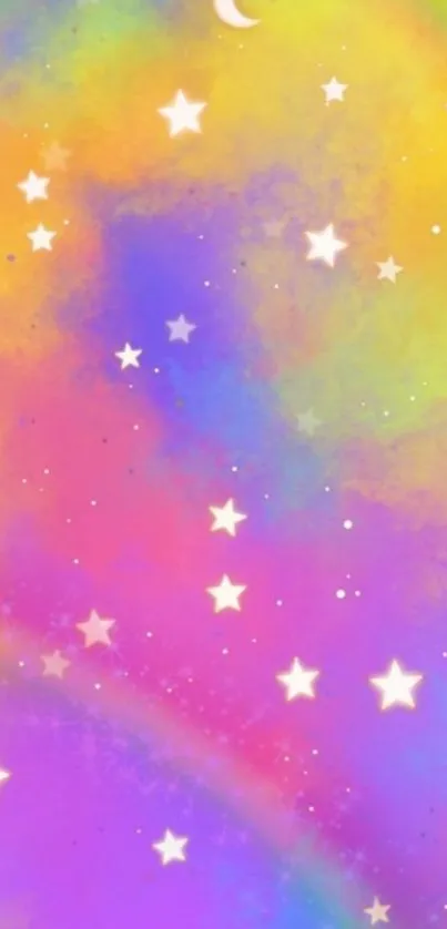 Colorful pastel galaxy wallpaper with stars and moon.