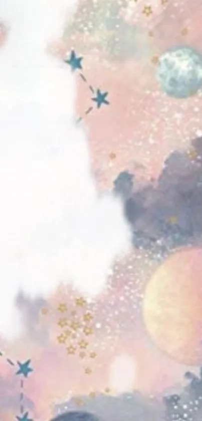 Dreamy pastel galaxy wallpaper with celestial bodies and stars.