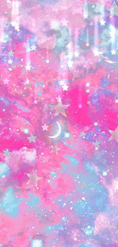 Dreamy pastel galaxy wallpaper with stars and clouds in pink and blue hues.