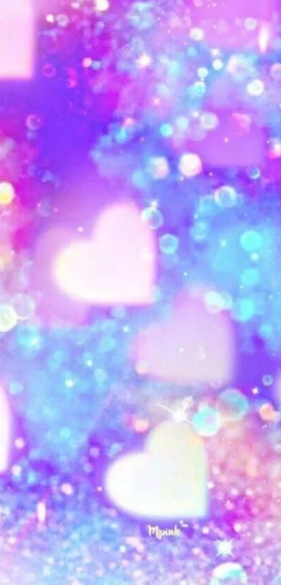 Dreamy pastel hearts with bokeh effect in shades of pink, purple, and blue.