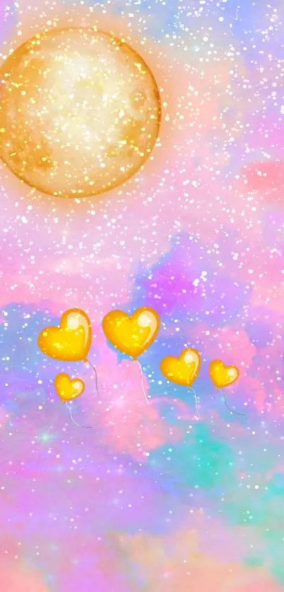 Dreamy pastel wallpaper with yellow heart balloons and sun.