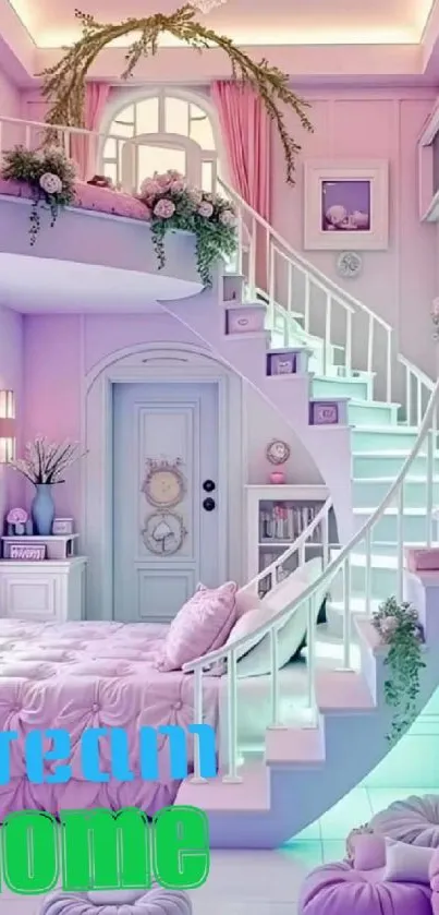 Dreamy pastel home interior with elegant staircase and decor.