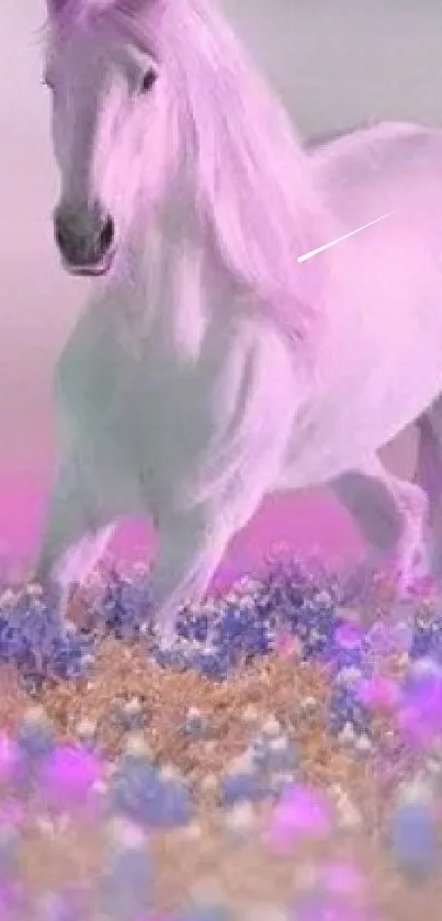 A dreamy pink and purple horse in a pastel floral field.