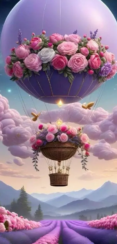 Dreamy lavender hot air balloon with floral design in serene sky.