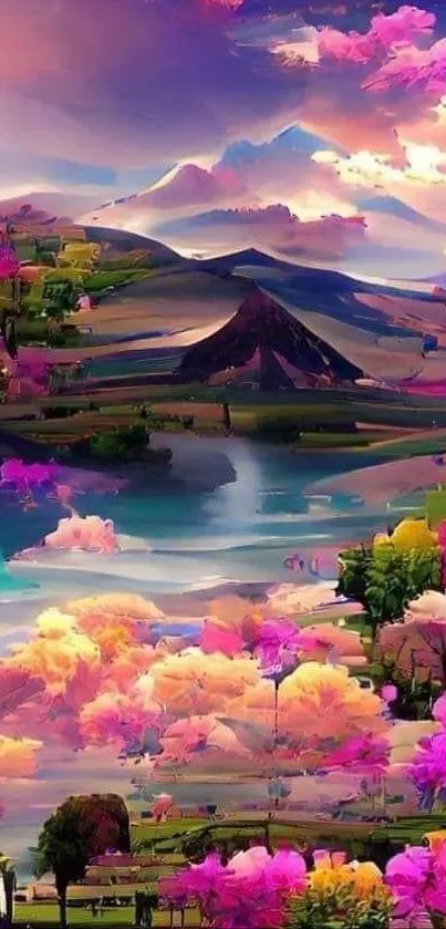 Dreamy pastel landscape with vibrant colors and surreal scenery.