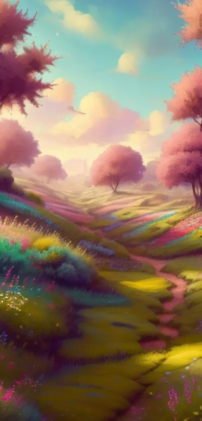 Dreamy pastoral landscape with pink trees and scenic hills.