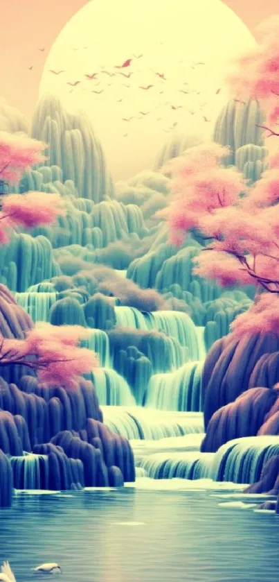 Dreamy landscape with pastel waterfalls, mountains, and pink trees.