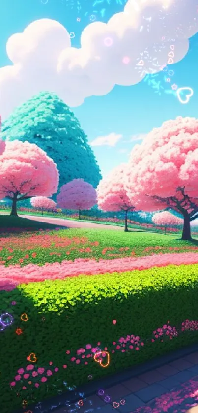 Pastel landscape with pink trees and a bright sunny sky.