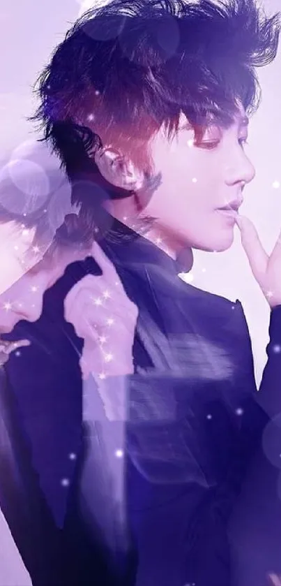 Dreamy lavender-toned mobile wallpaper with serene figures.