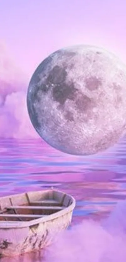 Dreamy pastel sky with a moon over calm waters and pink clouds.