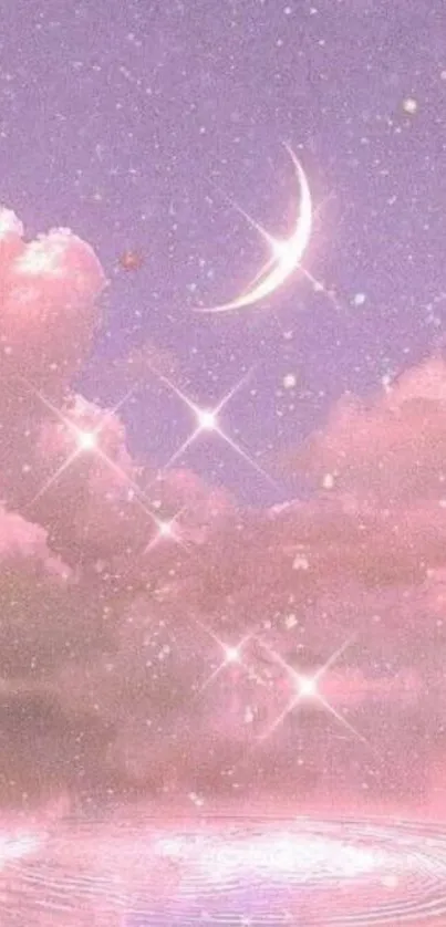 Dreamy pastel pink night sky with moon and clouds wallpaper.