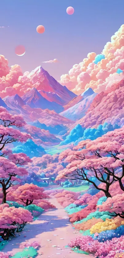 Dreamy pastel mountain landscape with pink trees and colorful clouds.