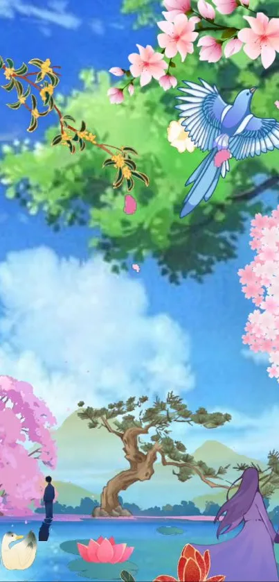 Dreamy pastel nature scene with birds and blossoms.