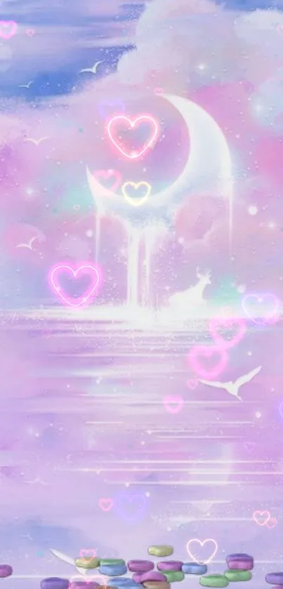 Dreamy pastel wallpaper with neon hearts and crescent moon.