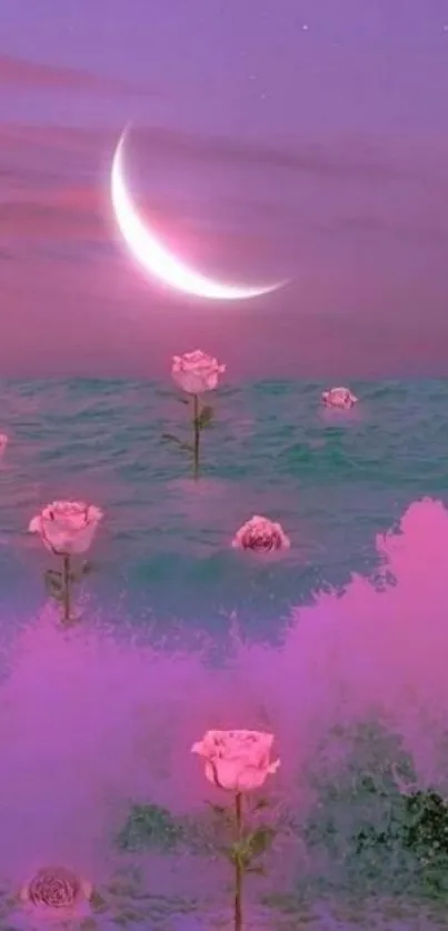 Dreamy pastel ocean with roses and a crescent moon in lavender hues.