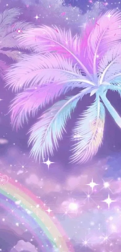 Dreamy pastel palm trees with rainbow and stars.