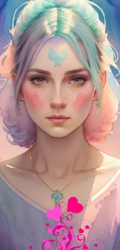 Dreamy pastel portrait wallpaper with serene woman's face.