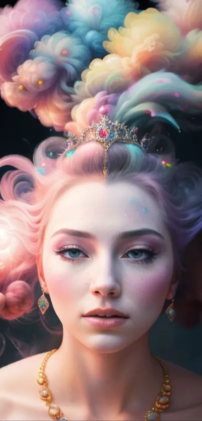 A dreamy pastel portrait with whimsical clouds and a touch of elegance.