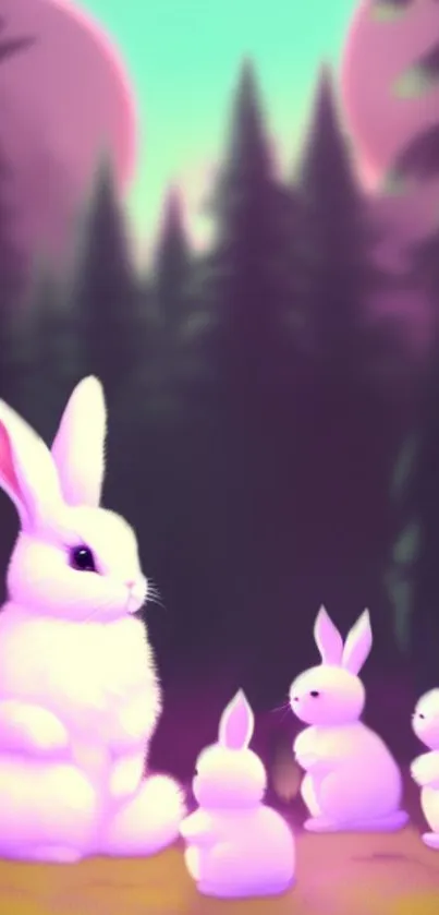 Dreamy pastel rabbits gather under a purple forest sky.