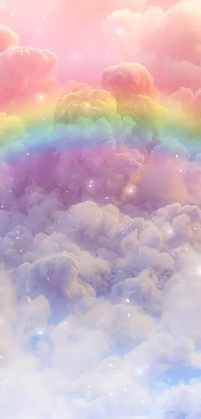 Dreamy pastel clouds with a vibrant rainbow.