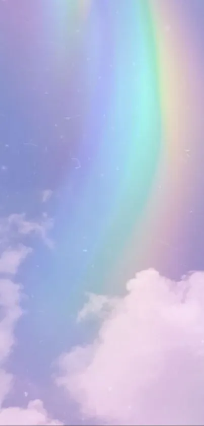 Pastel sky with radiant rainbow and soft clouds.
