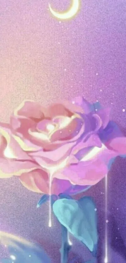 A dreamy wallpaper of a pastel rose with a crescent moon on a purple background.