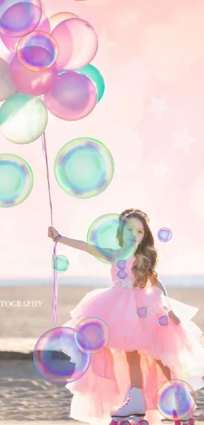 Girl in pink dress with balloons on a sunny beach.