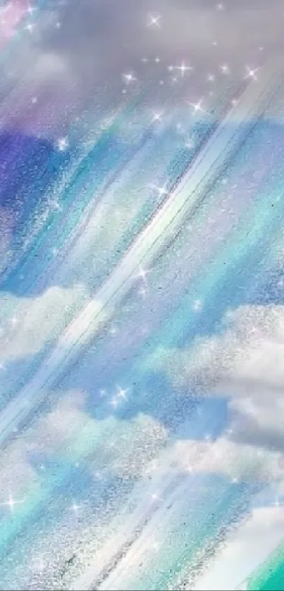 Dreamy pastel skies wallpaper with clouds and stars in soothing blues and purples.