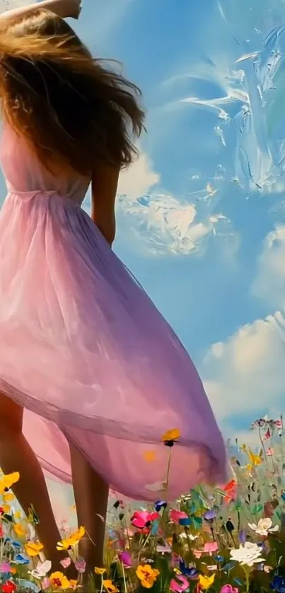 Woman in pink dress in a field of wildflowers beneath a blue sky.