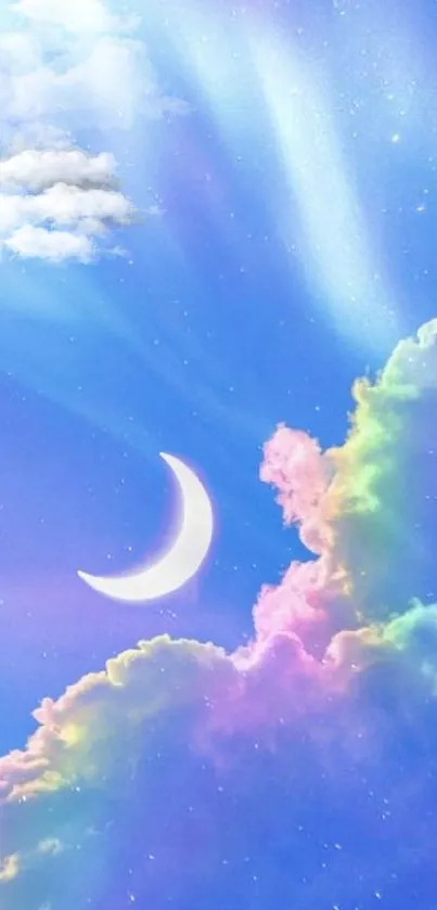 Dreamy pastel sky with crescent moon and rainbow clouds