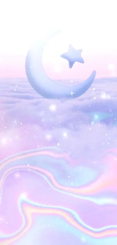 Dreamy pastel sky with crescent and star over clouds.