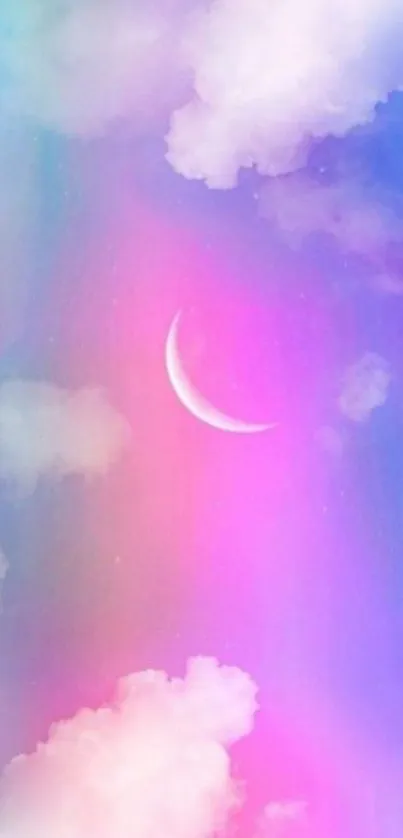 Dreamy pastel sky with clouds and crescent moon wallpaper