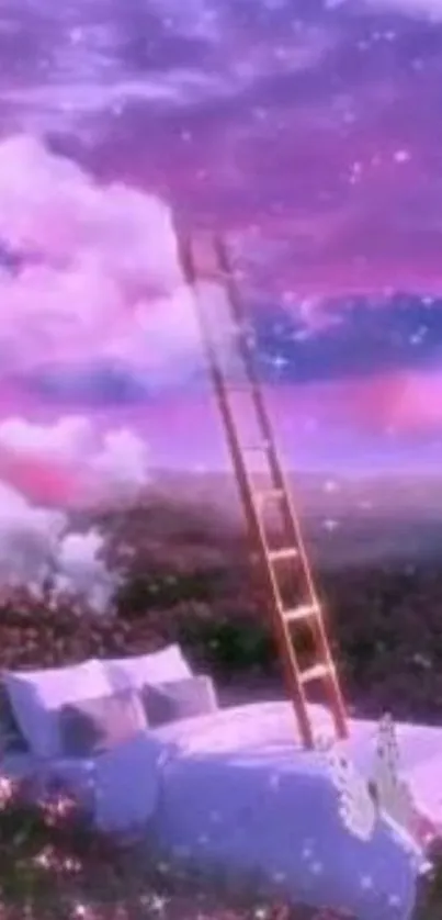 Dreamy pink sky with a ladder and clouds.