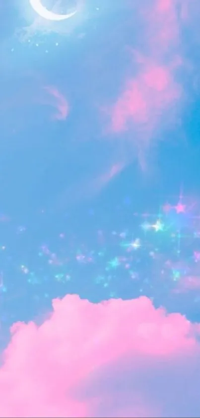 Dreamy pastel sky with pink clouds and stars.