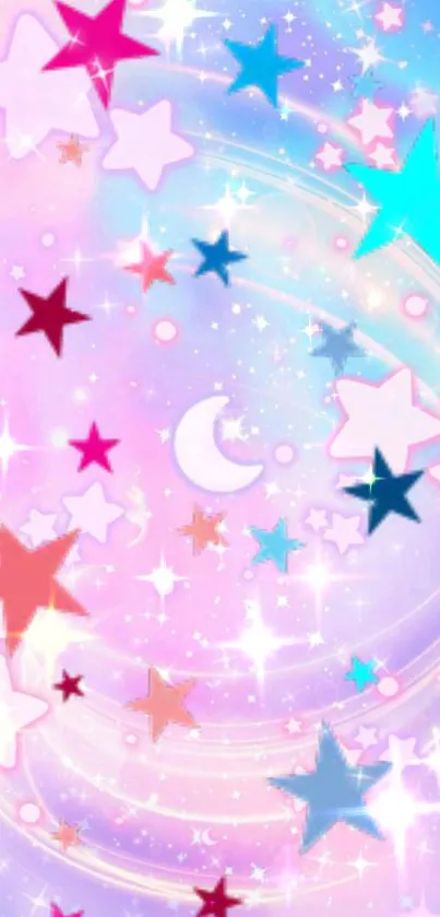 Pastel stars and crescent moon mobile wallpaper.