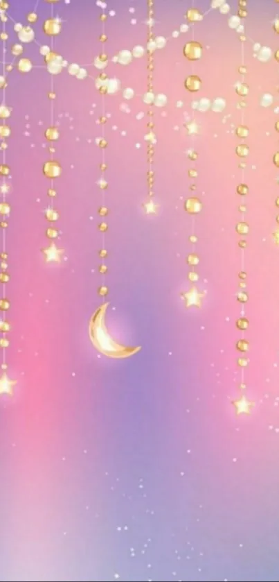 Dreamy pastel wallpaper with stars and moon in pink and purple gradient.