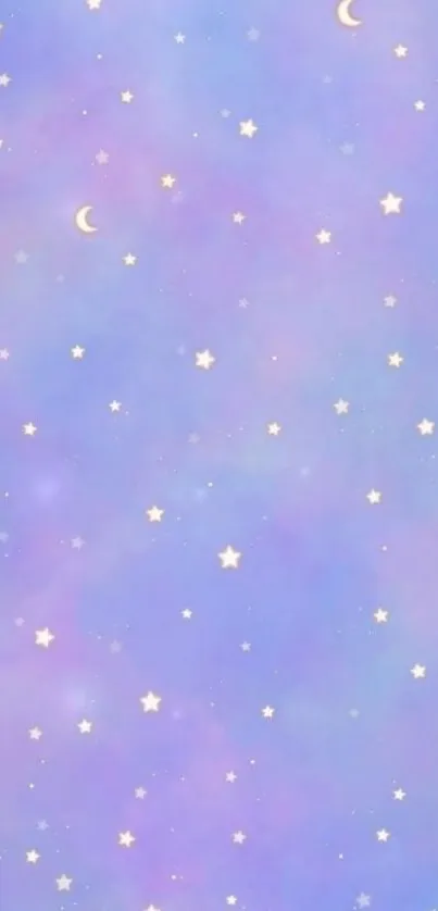 Dreamy pastel mobile wallpaper with stars and moons on a lilac background.